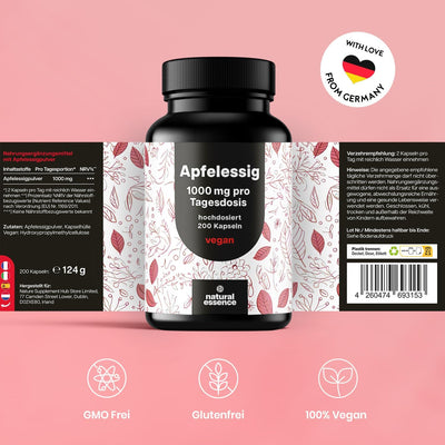 Apfelessig Kapseln - 200 Kapseln Hochdosiert - 1000mg pro Portion - Stoffwechsel , Vegan und produziert in Deutschland