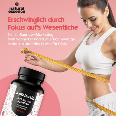 Apfelessig Kapseln - 200 Kapseln Hochdosiert - 1000mg pro Portion - Stoffwechsel , Vegan und produziert in Deutschland