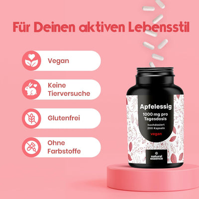 Apfelessig Kapseln - 200 Kapseln Hochdosiert - 1000mg pro Portion - Stoffwechsel , Vegan und produziert in Deutschland