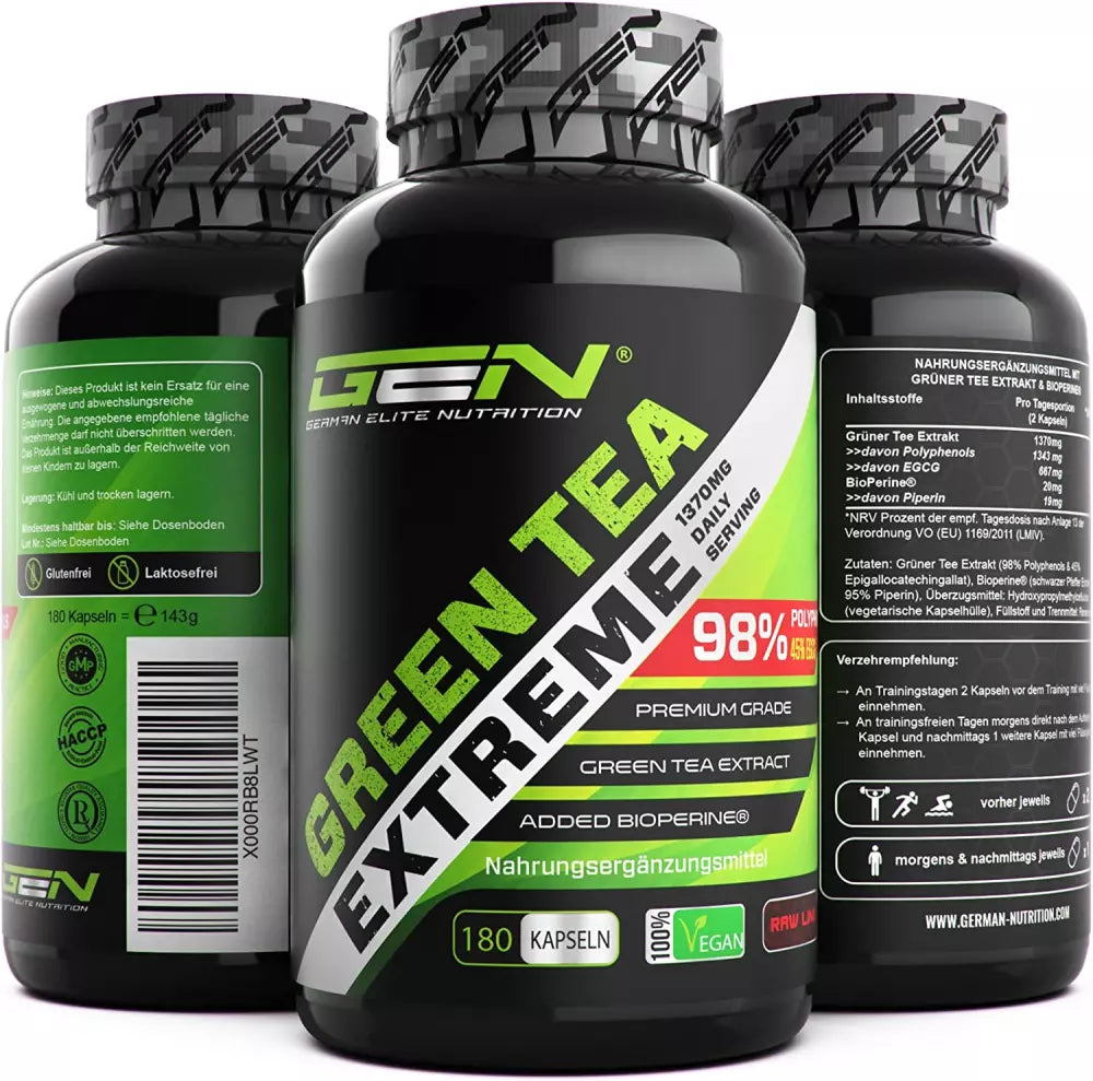 Green Tea Extreme - 180 capsules - 1370 mg green tea extract per daily dose - 95% polyphenols & 45% EGCG & piperine - laboratory-tested green tea - high dosage - vegan - German Elite Nutrition