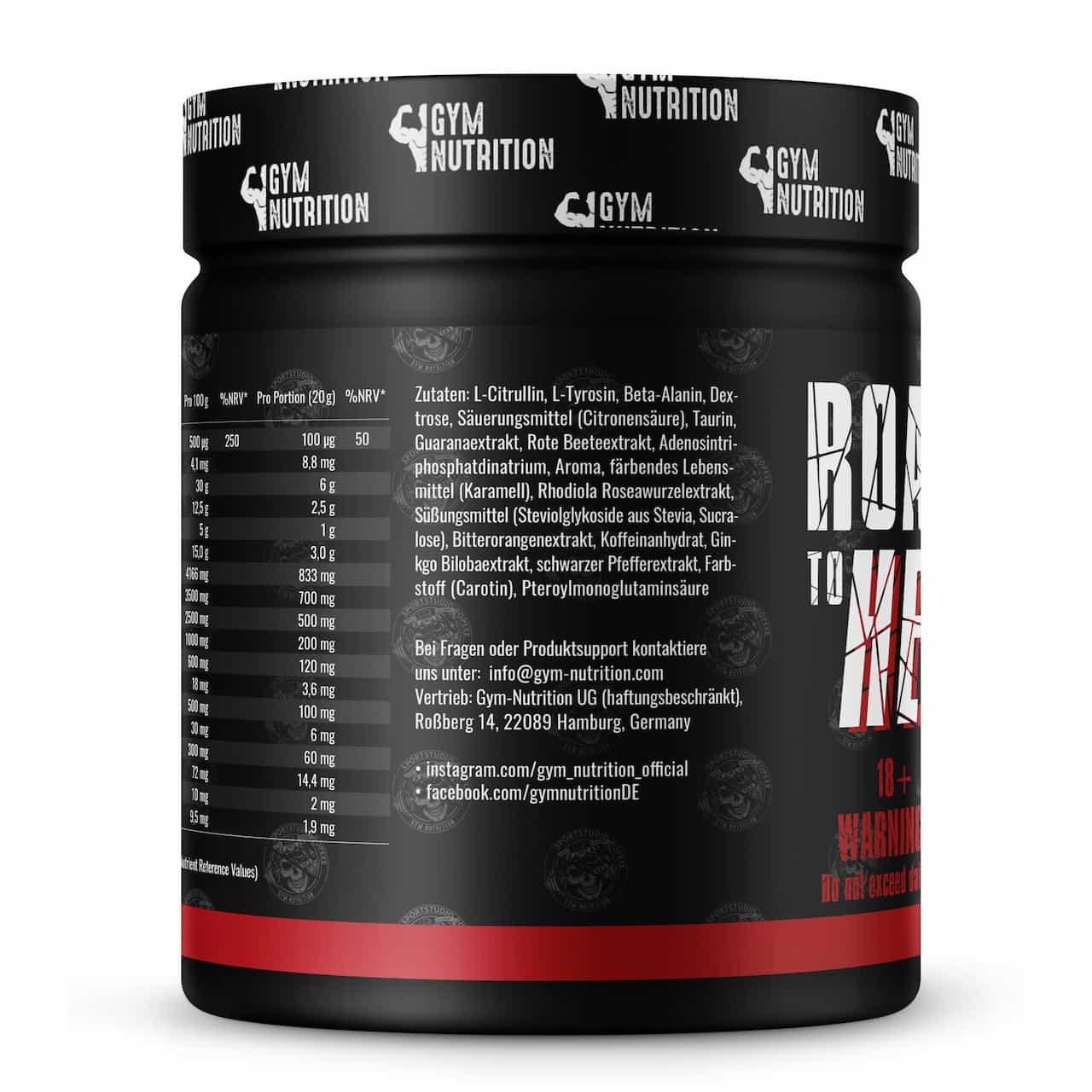 ROAD TO HELL – Ultra Hardcore Booster Pre workout – Pulver – ATP + L-Arginin + Citrullin + Beta Alanin + Koffein 400g - Vegan