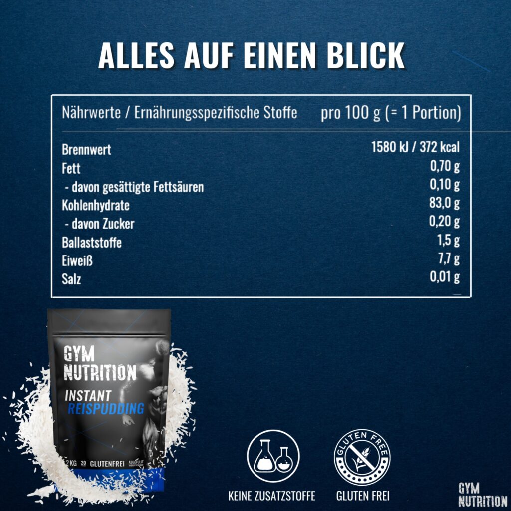 Instant Rice Pudding, 1KG Reispudding, Pre Post Workout Kohlenhydratquelle,  Rice Pudding aus 100 % Reismehl (extrudiert), Instant Rice Meal :  : Grocery
